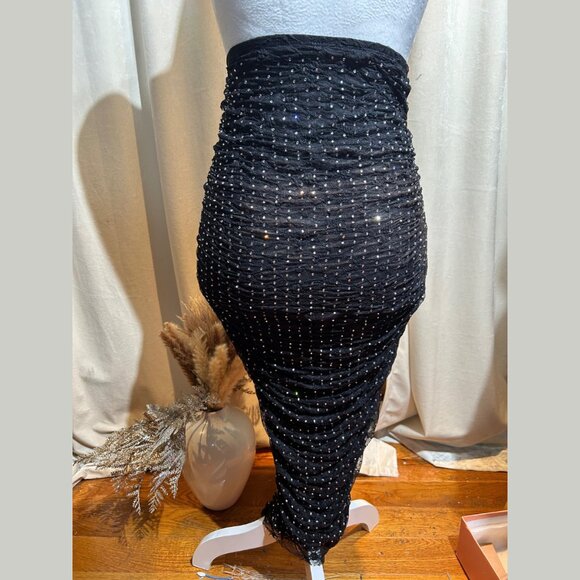 2/30‎ Zara Black & Silver Rhinestone Mesh Ruched Stretch Midi Skirt - Picture 6 of 7